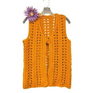Vintage 70s Gold Hand-Crocheted Sleeveless Vest With Open Front